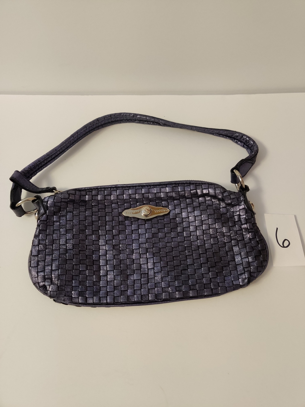 Elliott Lucca Leather Woven Metallic Navy Shoulder Bag